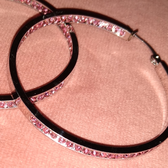 Pink Rhinestone Silver Hoop Earrings Crystal Channel Hoops Sparkling Rhinestones - Picture 13 of 14
